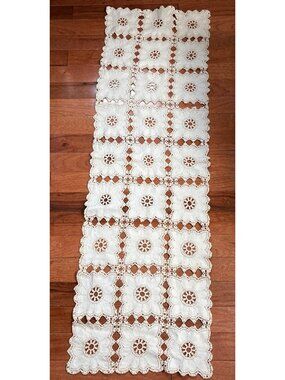 Handmade Cream Crochet Lace Table Runner 12" x 34” Floral Design Rectangular Vtg